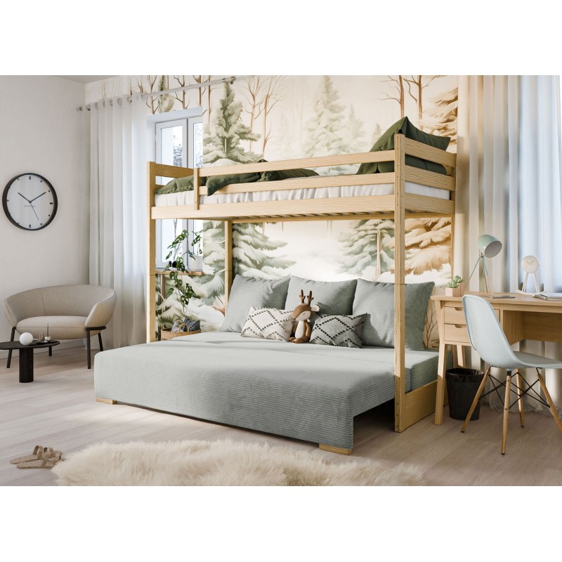 Παιδική Κουκέτα SOFINO 90x200/140x200 Φυσικό Χρώμα Πεύκου με Πτυσσόμενο Καναπέ beige POSO 38