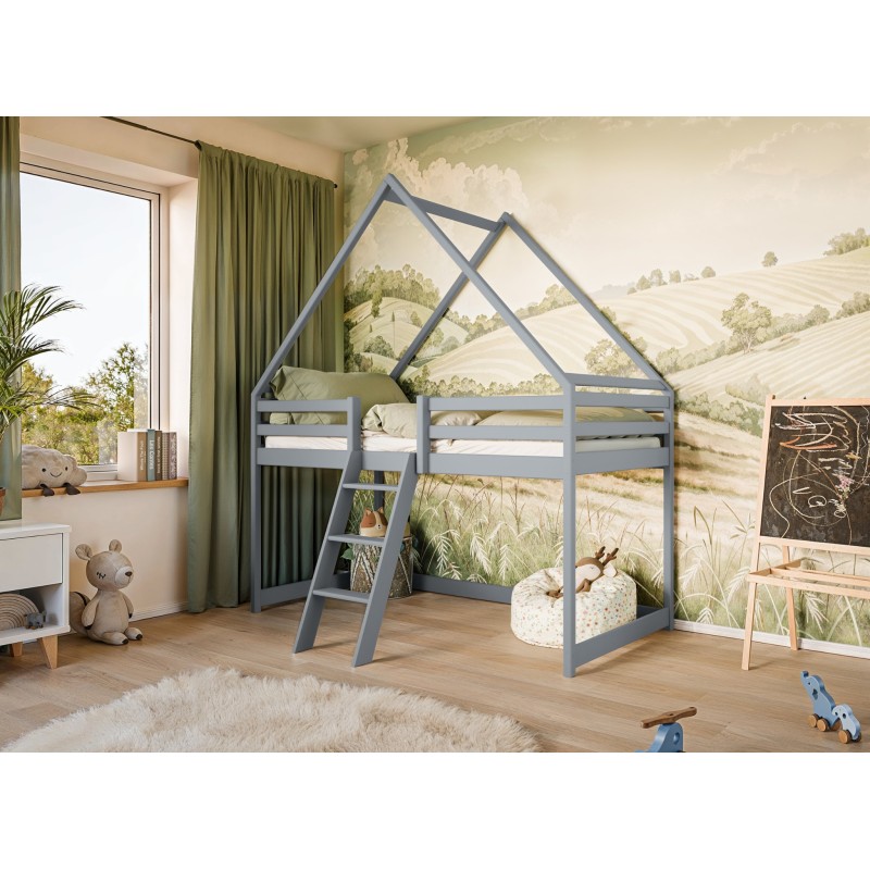 MOON 90x200 gray childrens loft bed house Lano Furniture