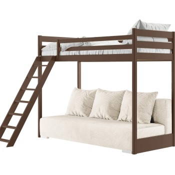SOFINO 90x200/140x200 dark chocolate mezzanine bed with fold-out sofa, beige fabric, 38 Lano Furniture