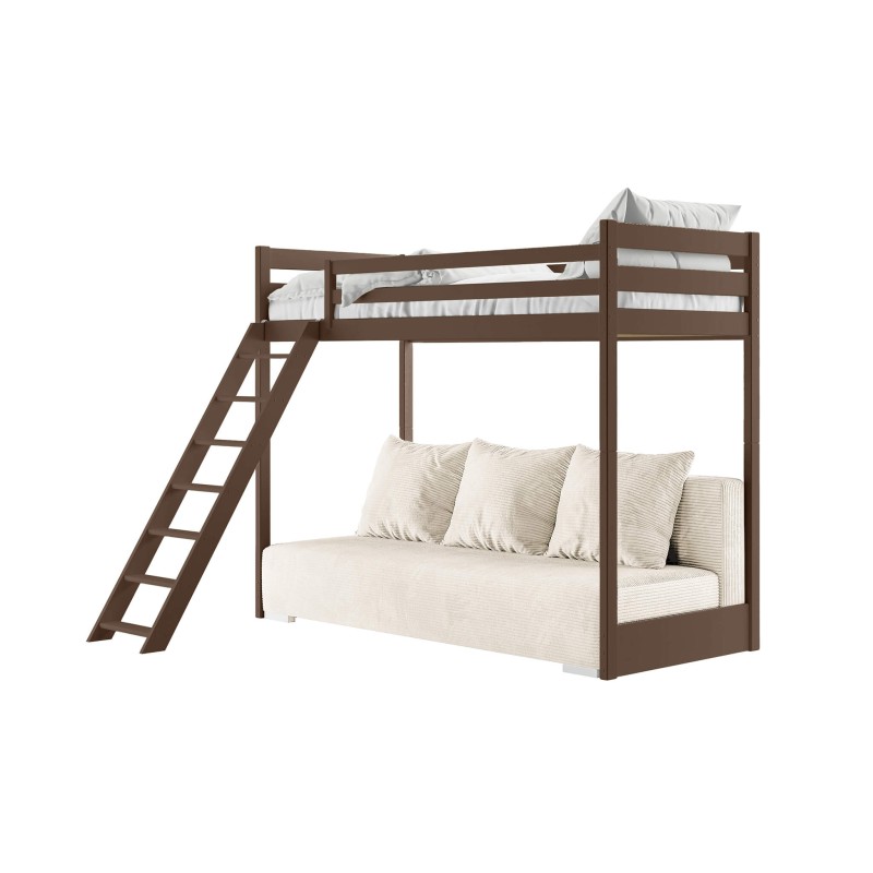 SOFINO 90x200/140x200 dark chocolate mezzanine bed with fold-out sofa, beige fabric, 38 Lano Furniture