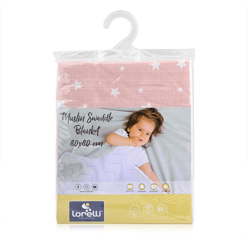 MUSLIN SWADDLE BLANKET 80/80 CM  ROSE  WITH STARS