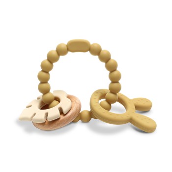 SILICONE + BEECH TEETHER RABBIT NATURAL YELLOW