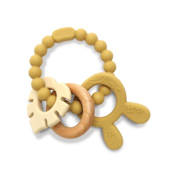 SILICONE + BEECH TEETHER RABBIT NATURAL YELLOW