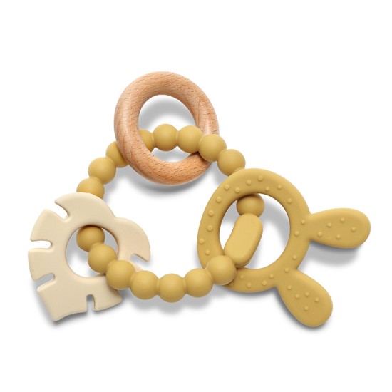 SILICONE + BEECH TEETHER RABBIT NATURAL YELLOW