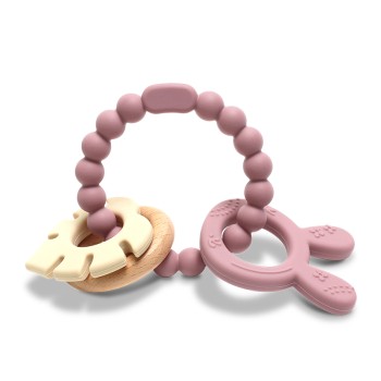 SILICONE + BEECH TEETHER RABBIT NATURAL DEEP PINK