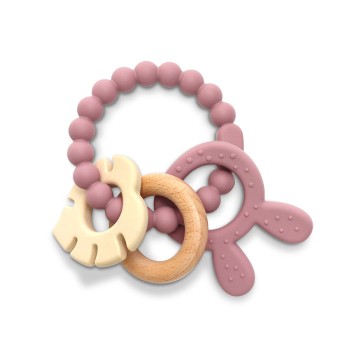 SILICONE + BEECH TEETHER RABBIT NATURAL DEEP PINK