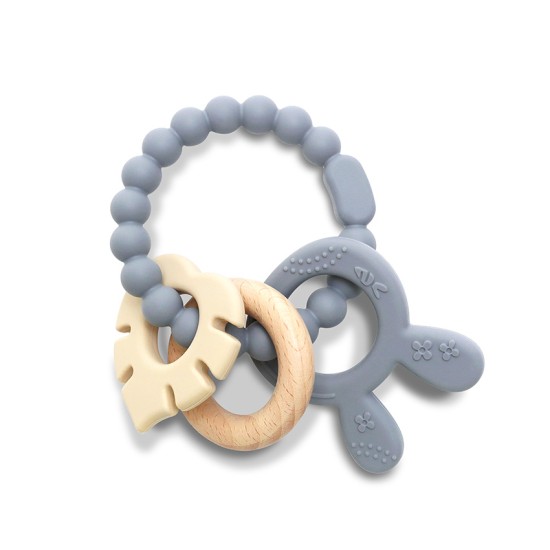 SILICONE + BEECH TEETHER RABBIT NATURAL GREY