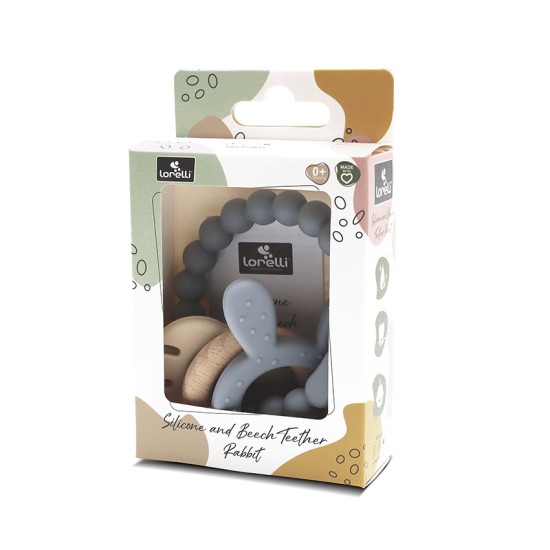 SILICONE + BEECH TEETHER RABBIT NATURAL GREY