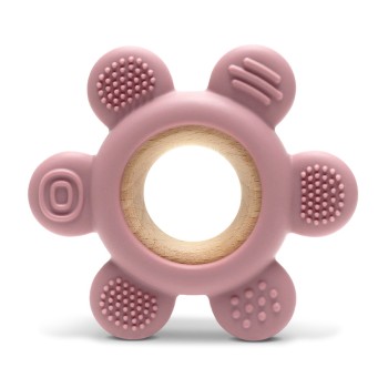 SILICONE + BEECH TEETHER FLOWER NATURAL DEEP PINK