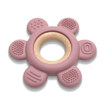 SILICONE + BEECH TEETHER FLOWER NATURAL DEEP PINK