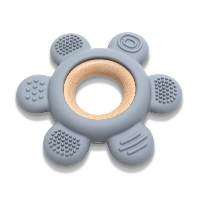 SILICONE + BEECH TEETHER FLOWER NATURAL GREY