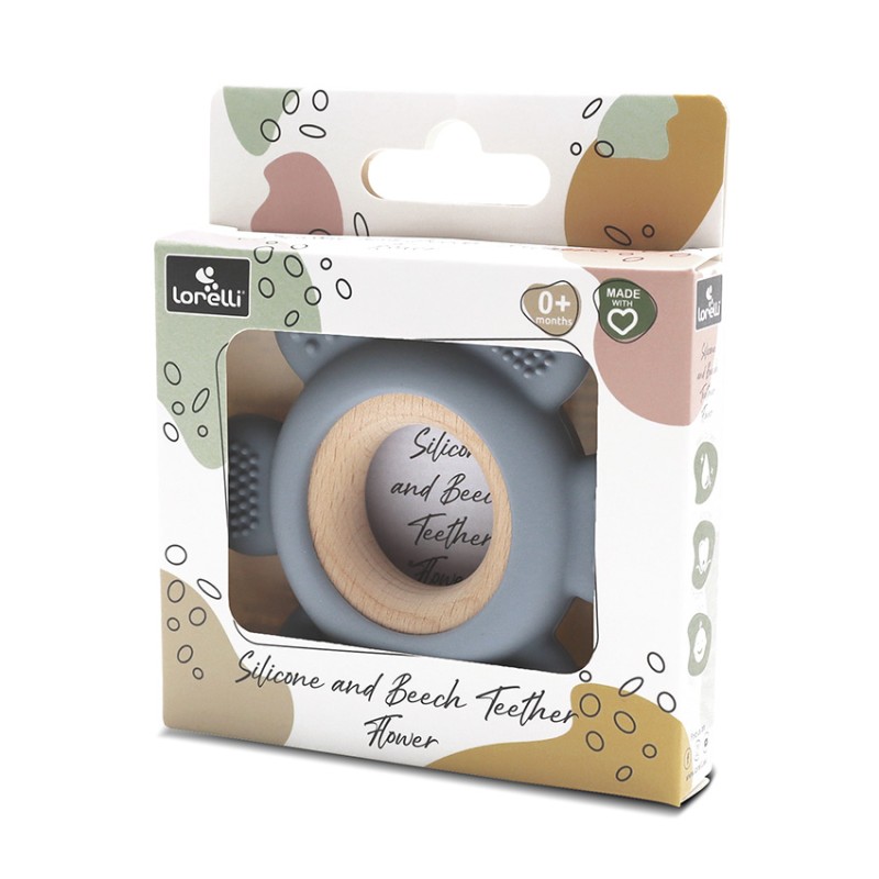 SILICONE + BEECH TEETHER FLOWER NATURAL GREY