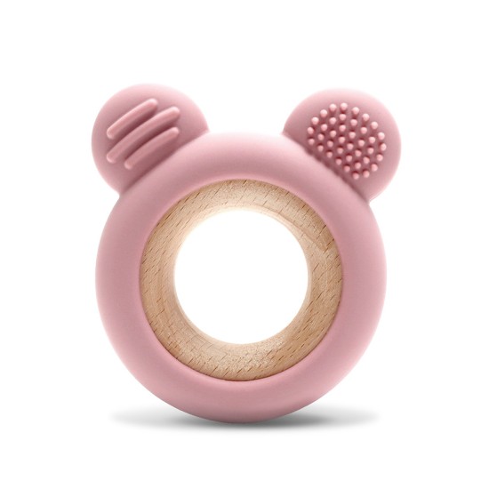 SILICONE + BEECH TEETHER BEAR NATURAL DEEP PINK