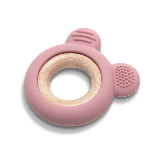 SILICONE + BEECH TEETHER BEAR NATURAL DEEP PINK