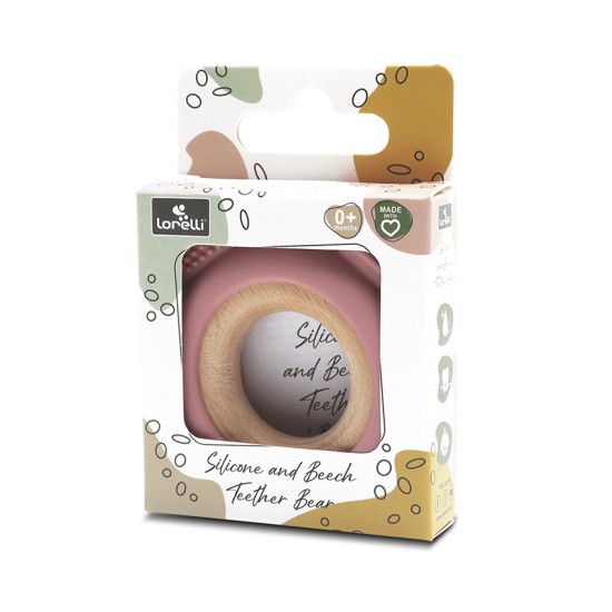SILICONE + BEECH TEETHER BEAR NATURAL DEEP PINK