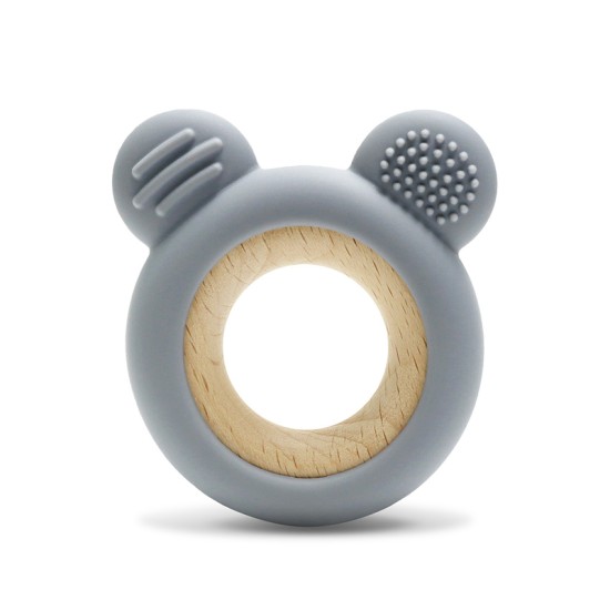 SILICONE + BEECH TEETHER BEAR NATURAL GREY