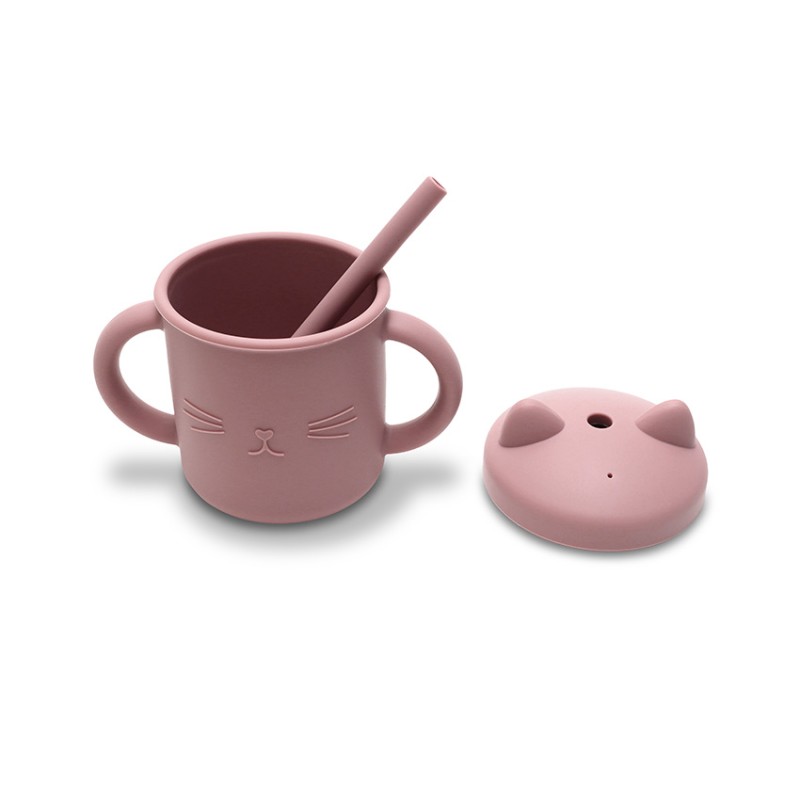 SILICONE CUP WITH HANDLES+STRAW NATURAL DEEP PINK