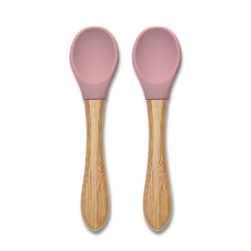 SILICONE SPOONS + BAMBOO 2PCS NATURAL DEEP PINK