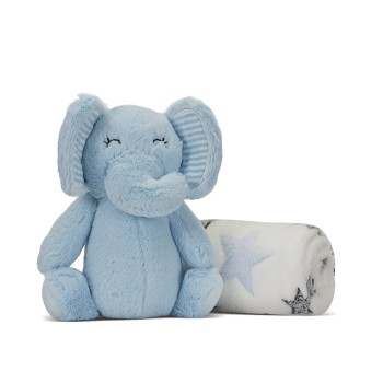 NAPPY WHITE BLANKET WITH BLUE ELEPHANT