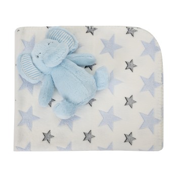 NAPPY WHITE BLANKET WITH BLUE ELEPHANT