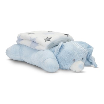 POFFY DUO WHITE BLANKET WITH BLUE TEDDY BEAR PILLO