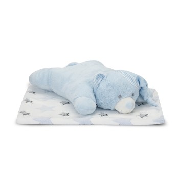 POFFY DUO WHITE BLANKET WITH BLUE TEDDY BEAR PILLO