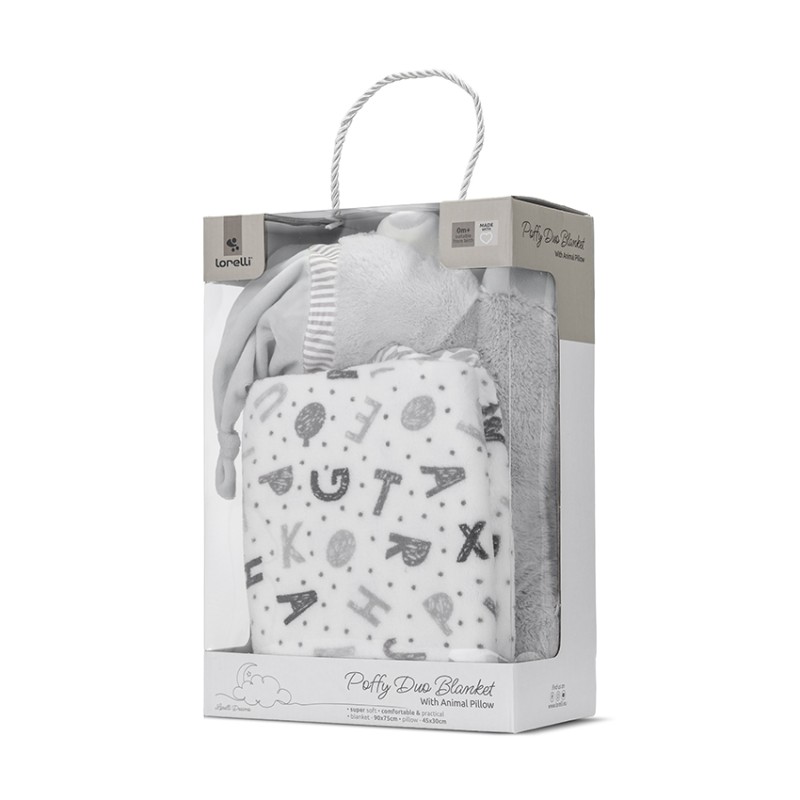 POFFY DUO WHITE BLANKET WITH GREY TEDDY BEAR  PILL