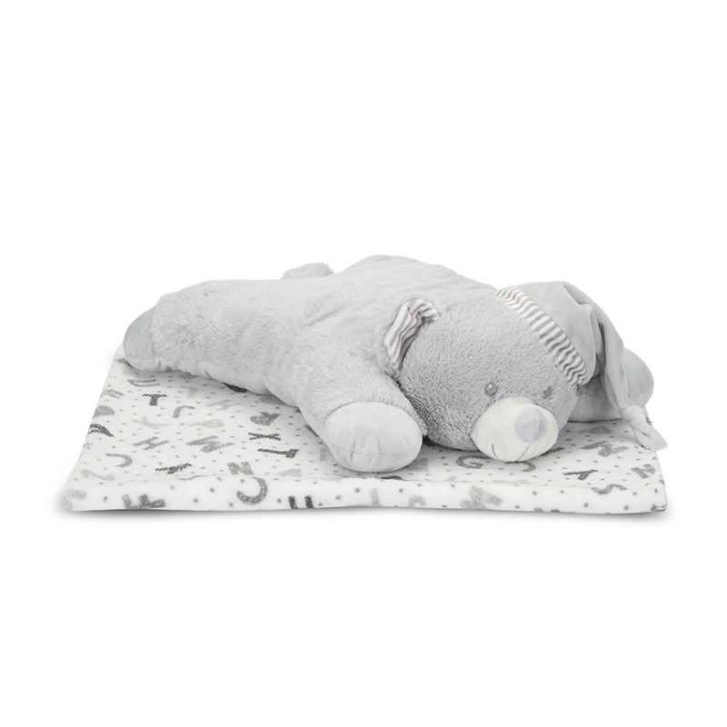 POFFY DUO WHITE BLANKET WITH GREY TEDDY BEAR  PILL