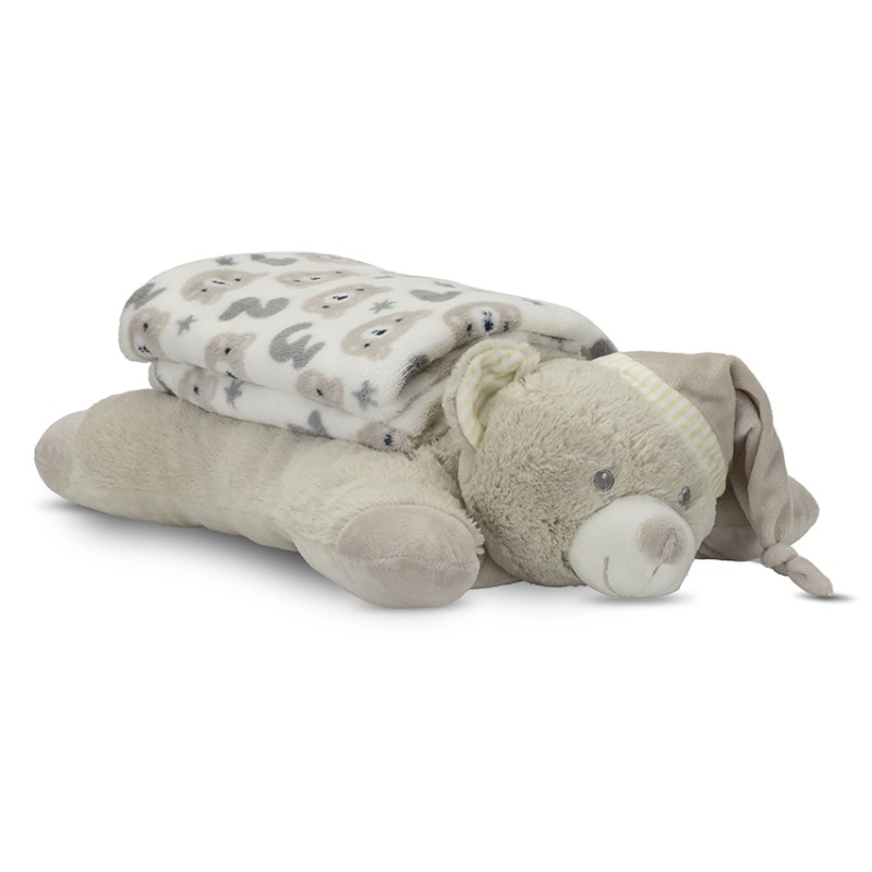 POFFY DUO WHITE BLANKET WITH BEIGE TEDDY BEAR PILL