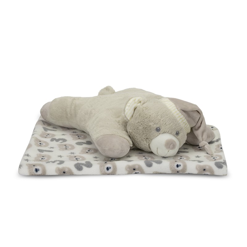 POFFY DUO WHITE BLANKET WITH BEIGE TEDDY BEAR PILL