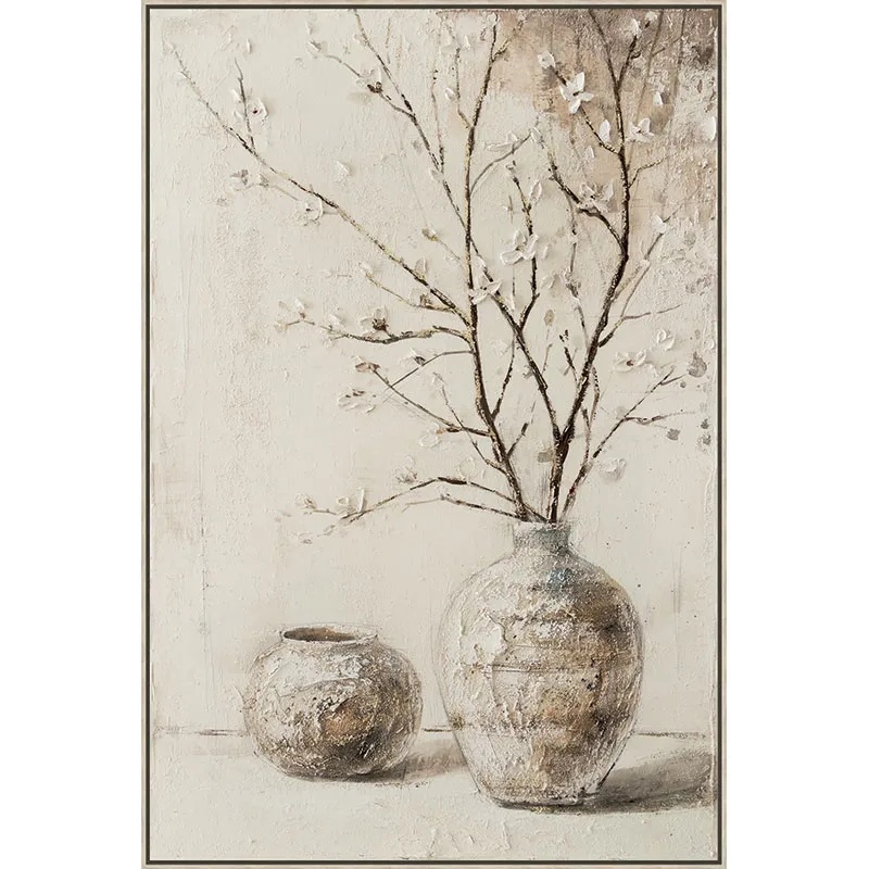 ΠΙΝΑΚΑΣ ΚΑΜΒΑΣ ΒΑΖA ΜΕ ΚΛΑΔΙΑ & ΑΝΘΑΚΙΑ ΜΠΕΖ ΜΕ ΣΤΟΙΧΕΙΑ 3D ΣΕ ΚΟΡΝΙΖΑ - 82.5x122.5x3.5cm 8/ΚΙΒ