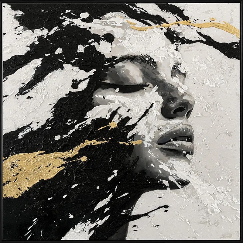 ΠΙΝΑΚΑΣ ΚΑΜΒΑΣ ΜΑΥΡΟ/ΛΕΥΚΟ/ΧΡΥΣΟ ΓΥΝΑΙΚΑ ΑΝΑΓΛΥΦΟ ΣΧΕΔΙΟ ΣΕ ΚΟΡΝΙΖΑ - 102.5x102.5x3.5cm 8/ΚΙΒ