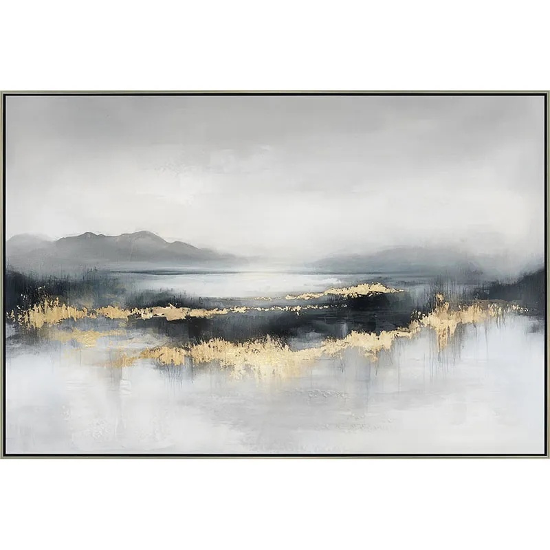 ΠΙΝΑΚΑΣ ΚΑΜΒΑΣ ΑΣΠΡΟΜΑΥΡΟ/ΧΡΥΣΟ ΛΙΜΝΗ & ΒΟΥΝΑ ΣΕ ΚΟΡΝΙΖΑ - 122.5x82.5x3.5cm 6/KIB