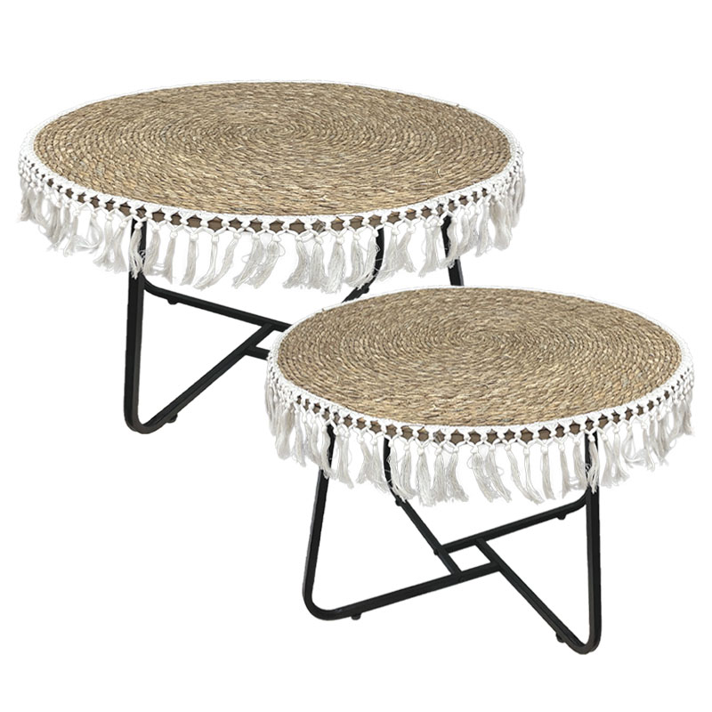 ΤΡΑΠΕΖΑΚΙΑ ΨΑΘΑΣ ΜΕ ΚΡΟΣΙΑ ΣΕΤ2 ΦΥΣΙΚΟ ΚΑΦΕ/ΕΚΡΟΥ ΣΤΡΟΓΓΥΛΑ & ΜΕΤΑΛ. ΠΟΔΙΑ - L:Φ70x44, S:Φ52x39cm 1/KIB