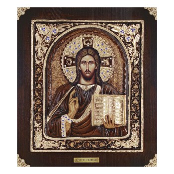 ΞΥΛΙΝΗ ΕΙΚΟΝΑ -ΧΡΙΣΤΟΣ ΕΥΛΟΓΩΝ (ΜΕ ΠΛΑΙΣΙΟ)- ΑΝΑΓΛΥΦΗ ΜΕ ΦΥΛΛΑ ΧΡΥΣΟΥ & ΠΕΤΡΕΣ ΖΙΡΓΚΟΝ - 32x36.5cm