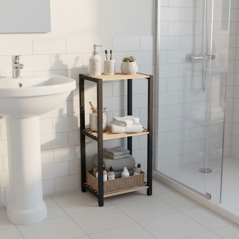 Ραφιέρα δαπέδου - Κομοδίνο ξύλινο - πλαστικό χρώμα φυσικό - μαύρο 37x29x79εκ.