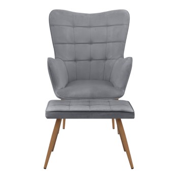 Πολυθρόνα - Μπερζέρα με υποπόδιο Lily Megapap γκρι βελούδο - μεταλλικό πόδι χρώμα φυσικό 70x62x98εκ.