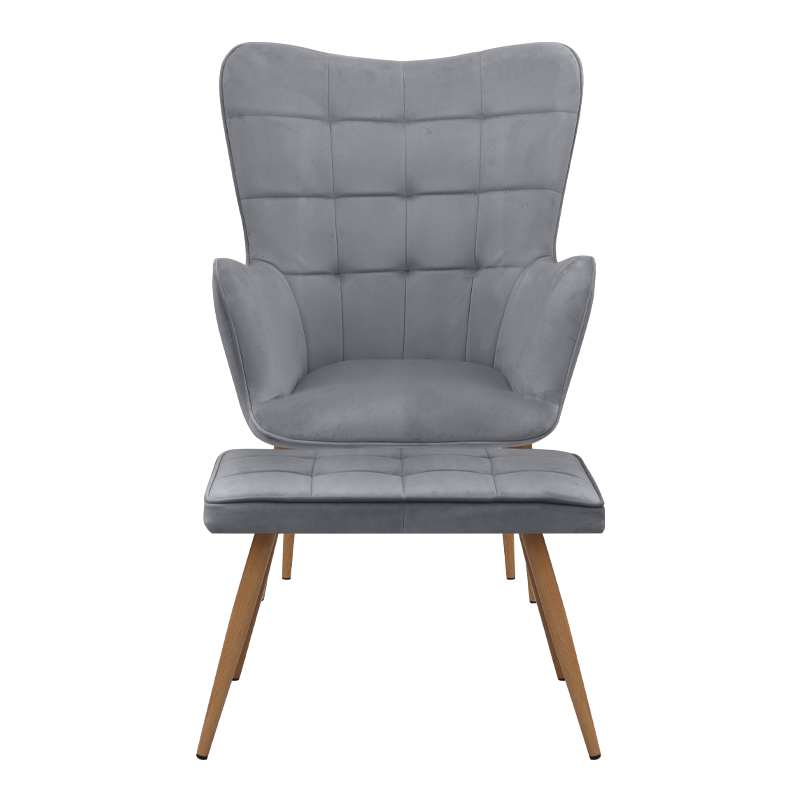 Πολυθρόνα - Μπερζέρα με υποπόδιο Lily Megapap γκρι βελούδο - μεταλλικό πόδι χρώμα φυσικό 70x62x98εκ.