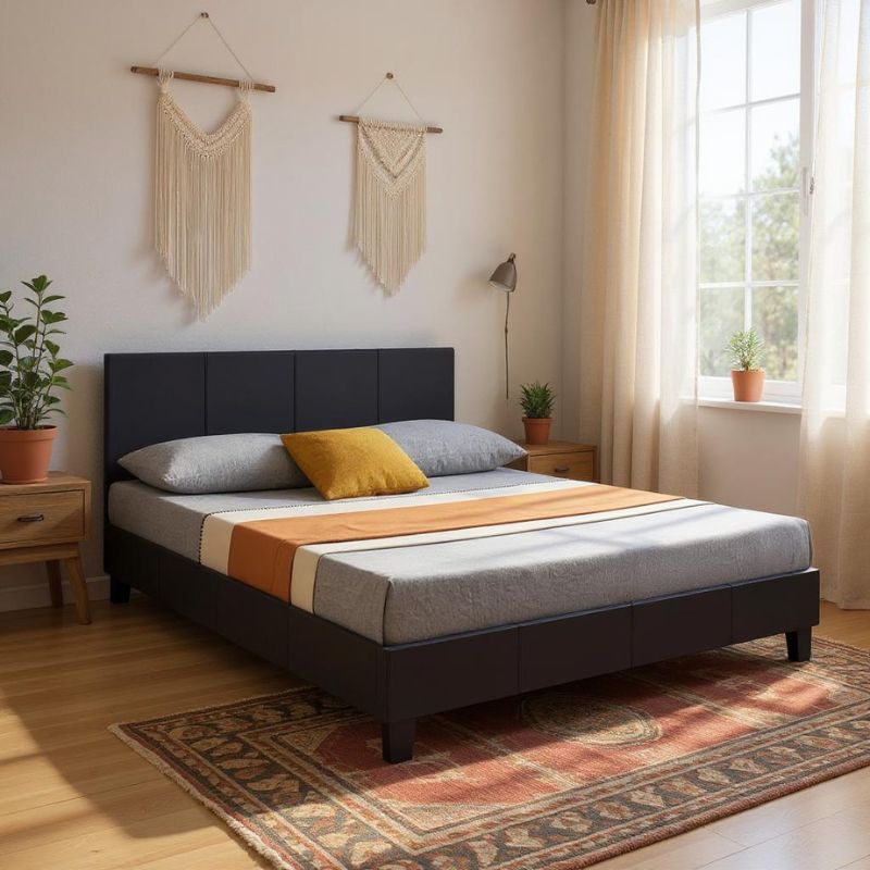 Κρεβάτι Flat Megapap από τεχνόδερμα χρώμα μαύρο ματ 160x200εκ.