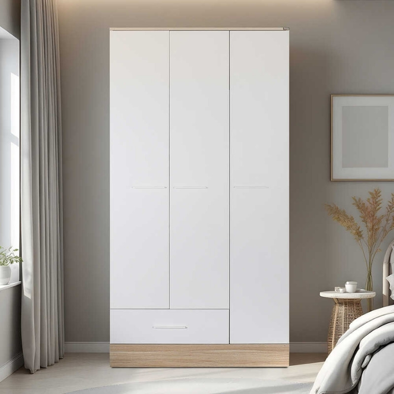 Ντουλάπα ρούχων Base Megapap τρίφυλλη με συρτάρια χρώμα λευκό - sonoma 103x52x198εκ.