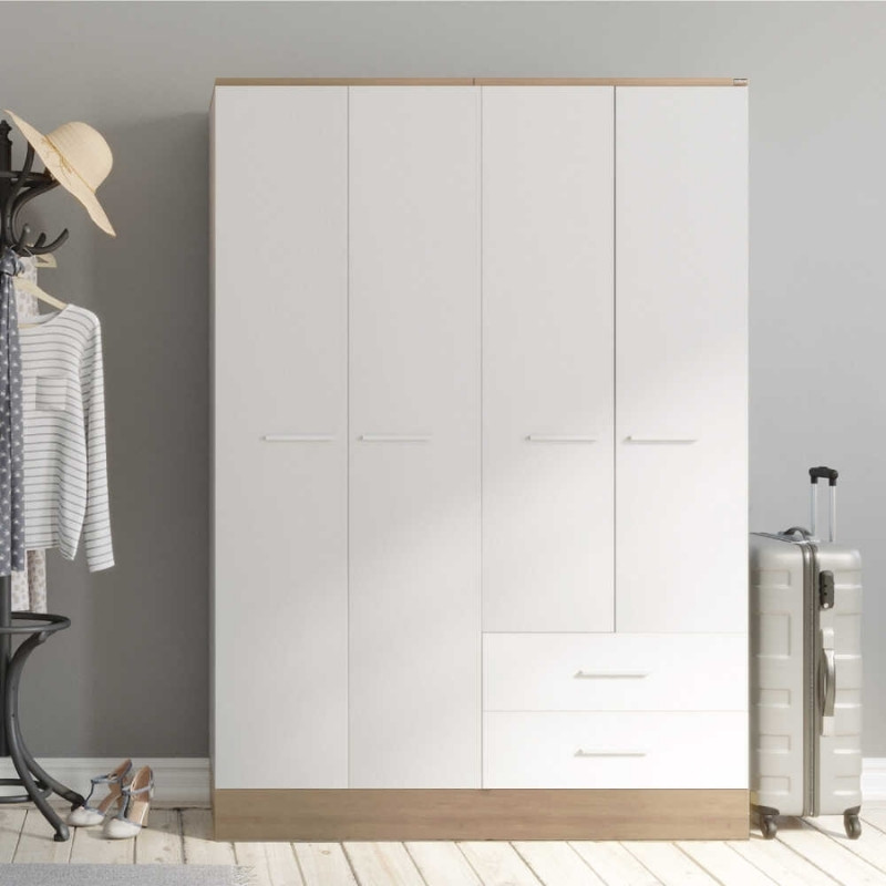 Ντουλάπα ρούχων Base Megapap τετράφυλλη με συρτάρια χρώμα λευκό - sonoma 137x52x198εκ.