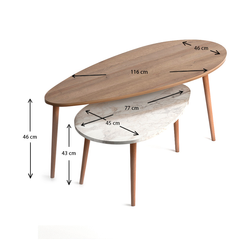 Βοηθητικά τραπεζάκια Elips Megapap χρώμα oak - μπεζ εφέ μαρμάρου 116x46x46εκ.