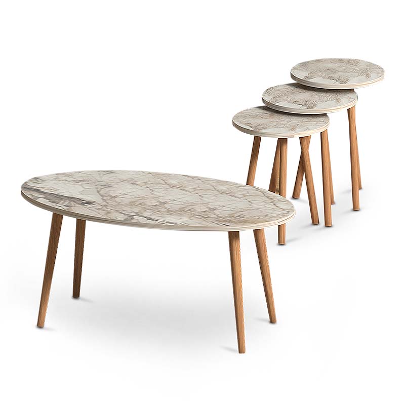 Τραπεζάκι σαλονιού + βοηθητικά τραπεζάκια Elips Megapap χρώμα εφέ μαρμάρου 90x50x41εκ.