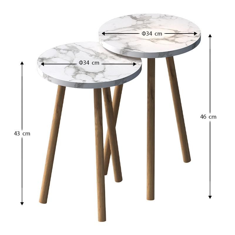 Τραπεζάκια βοηθητικά σετ 2 τμχ Roma Megapap χρώμα λευκό εφέ μαρμάρου Ø34x46εκ.