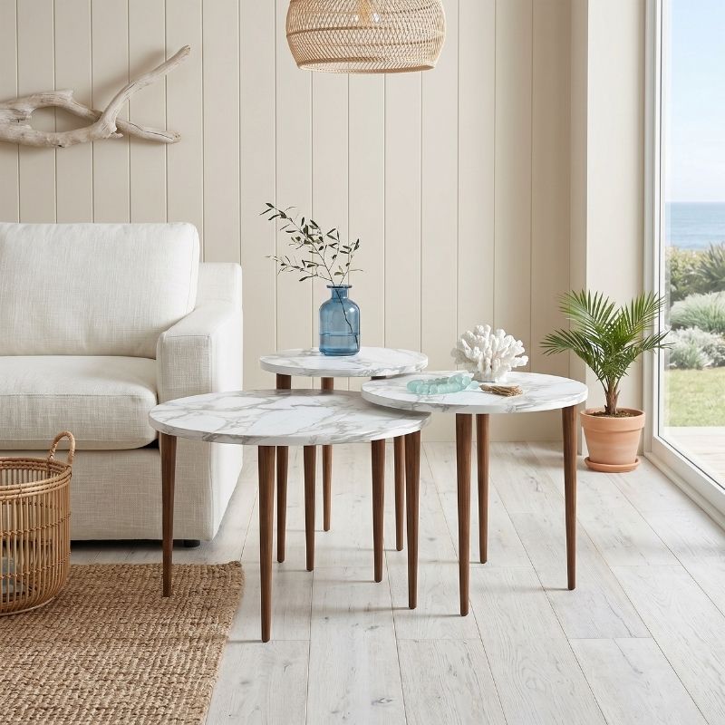 Τραπεζάκι σαλονιού σετ 3 τμχ Nola Megapap χρώμα λευκό εφέ μαρμάρου Ø60x46εκ.