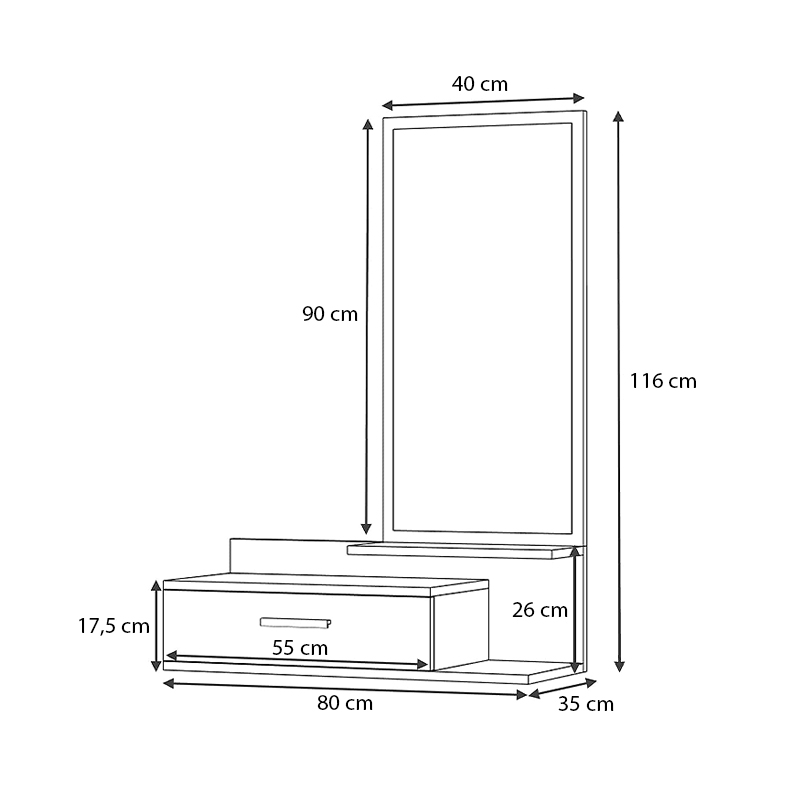 Έπιπλο εισόδου - τουαλέτα Joy Megapap με καθρέφτη χρώμα φυσικό οξιάς - λευκό 80x35x116εκ.