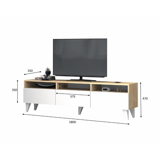 Έπιπλο τηλεόρασης Deluxe Megapap χρώμα λευκό - φυσικό οξιάς 180x35x47cm. Έπιπλο τηλεόρασης Deluxe Megapap χρώμα λευκό - φυσικό οξιάς 180x35x47cm.