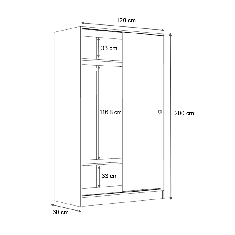Ντουλάπα ρούχων Regio Megapap δίφυλλη συρόμενη χρώμα γκρι σκυροδέματος 120x60x200εκ.