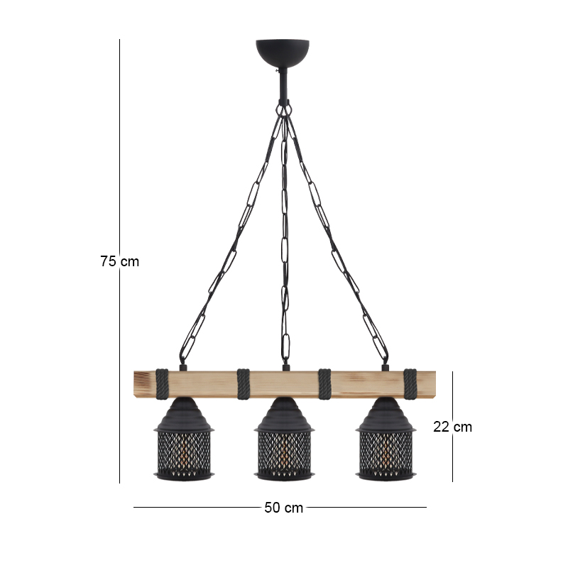 Φωτιστικό οροφής Elora Megapap E27 ξύλινο - μεταλλικό τρίφωτο χρώμα φυσικό - μαύρο 50x13x75εκ.