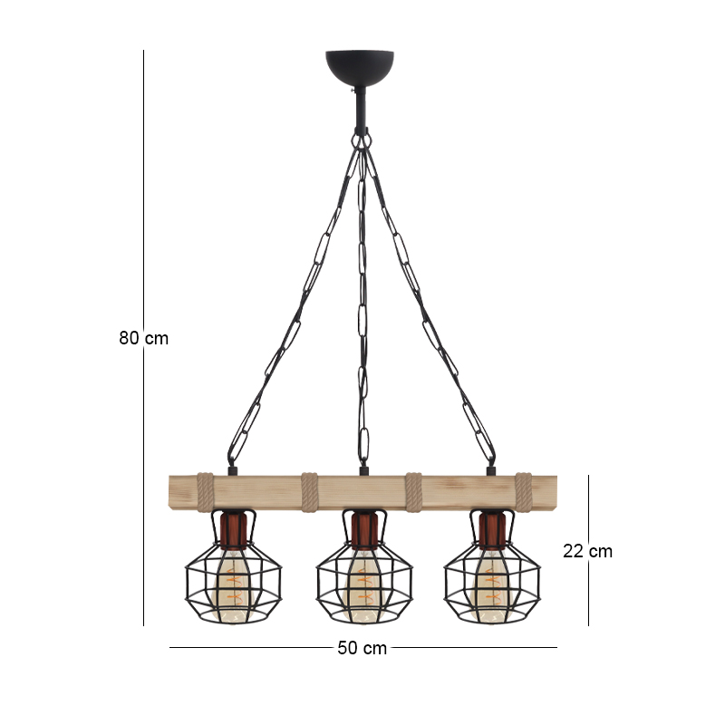 Φωτιστικό οροφής Lumenia Megapap E27 ξύλινο - μεταλλικό τρίφωτο χρώμα φυσικό - μαύρο 50x14x80εκ.